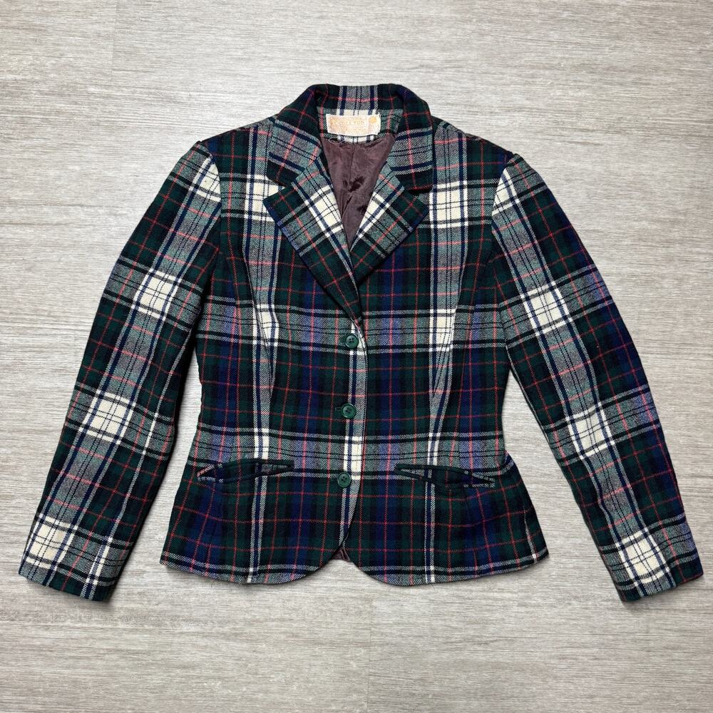 Vintage 70s Pendleton Wool Blazer Women's 10 Black Watch Tartan Plaid Jacket USA
